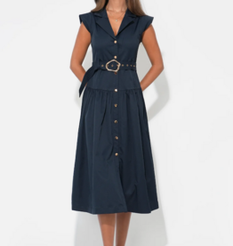 Adelyn Rae Olivia Button Up Belted Shirt Midi Dress in Dark Navy