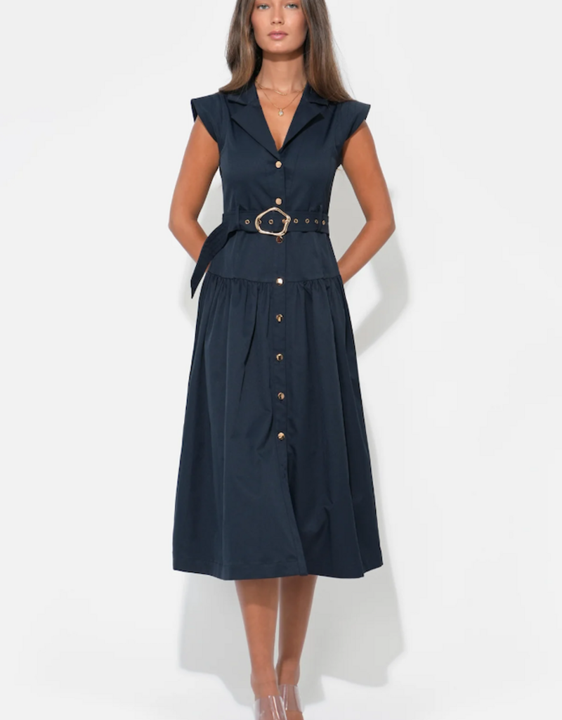 Adelyn Rae Olivia Button Up Belted Shirt Midi Dress in Dark Navy