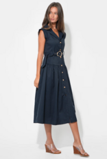 Adelyn Rae Olivia Button Up Belted Shirt Midi Dress in Dark Navy