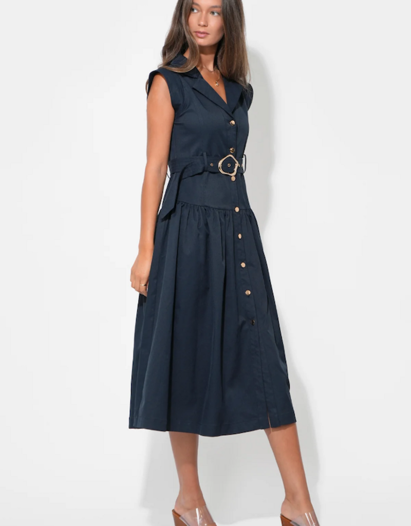 Adelyn Rae Olivia Button Up Belted Shirt Midi Dress in Dark Navy