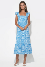 Adelyn Rae Sadie Flutter Sleeve Embroidered Midi Dress in White/Blue Print
