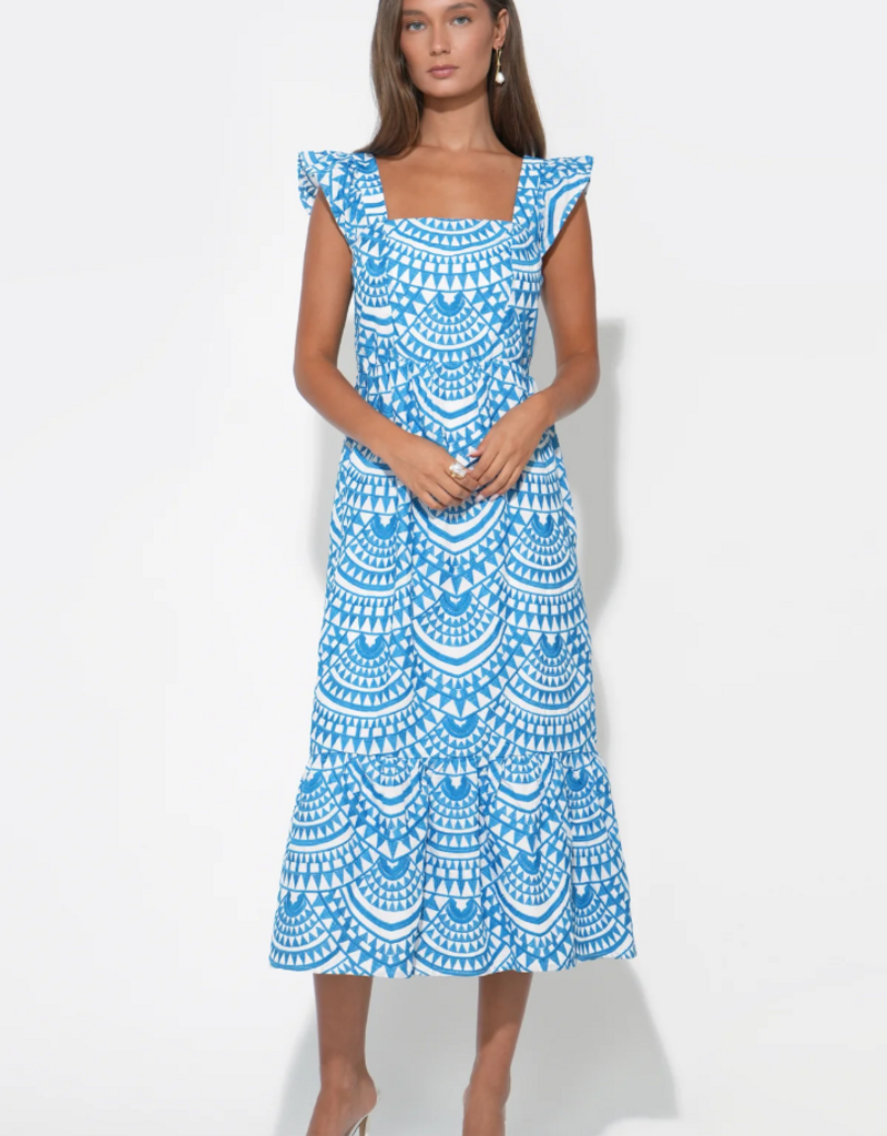 Adelyn Rae Sadie Flutter Sleeve Embroidered Midi Dress in White/Blue Print