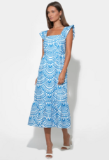 Adelyn Rae Sadie Flutter Sleeve Embroidered Midi Dress in White/Blue Print
