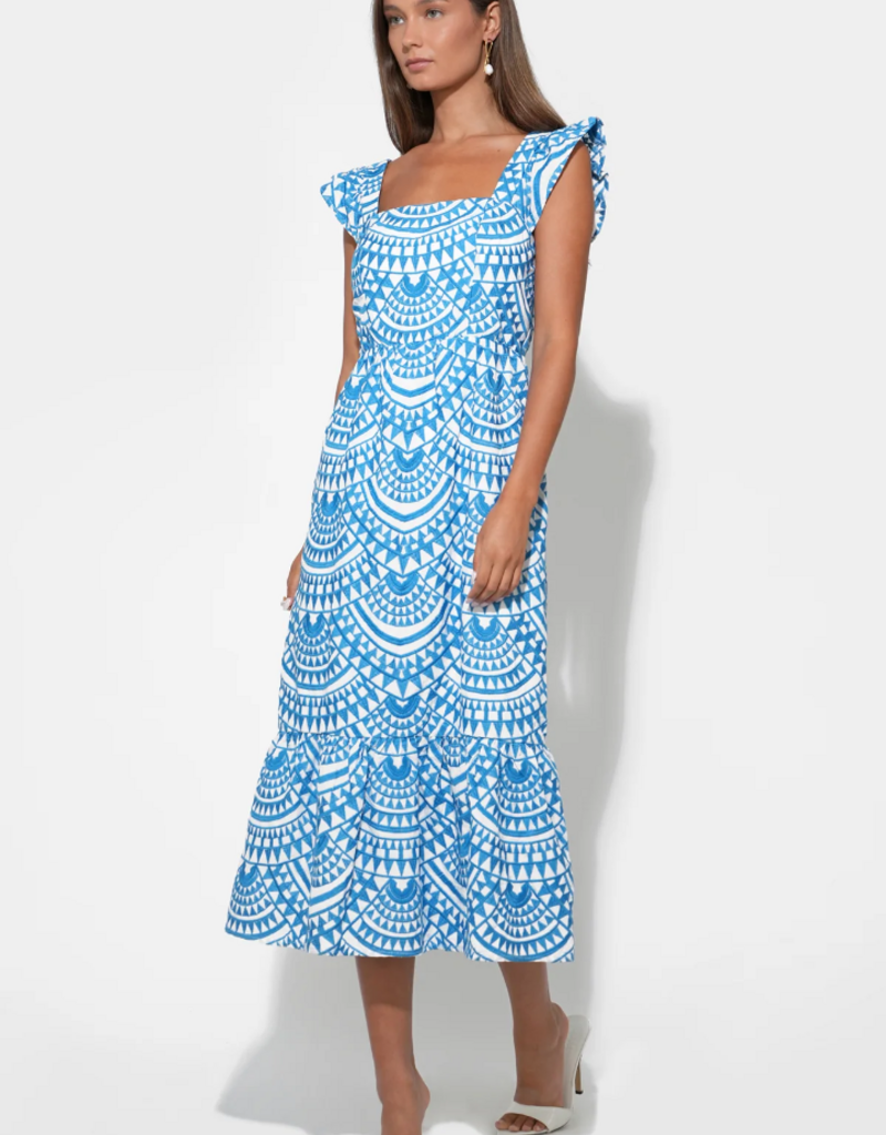 Adelyn Rae Sadie Flutter Sleeve Embroidered Midi Dress in White/Blue Print