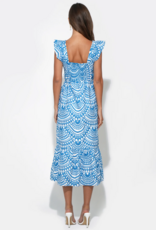 Adelyn Rae Sadie Flutter Sleeve Embroidered Midi Dress in White/Blue Print