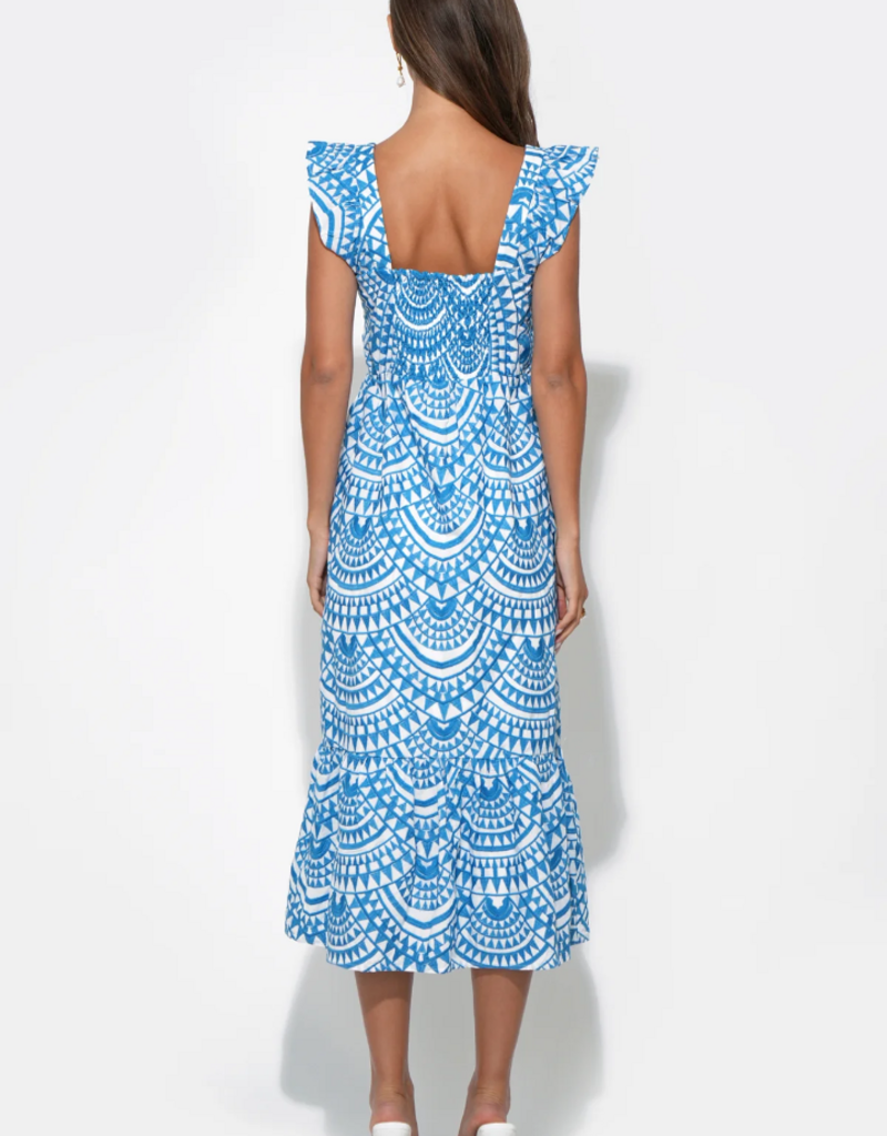 Adelyn Rae Sadie Flutter Sleeve Embroidered Midi Dress in White/Blue Print