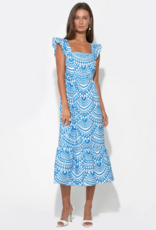 Adelyn Rae Sadie Flutter Sleeve Embroidered Midi Dress in White/Blue Print