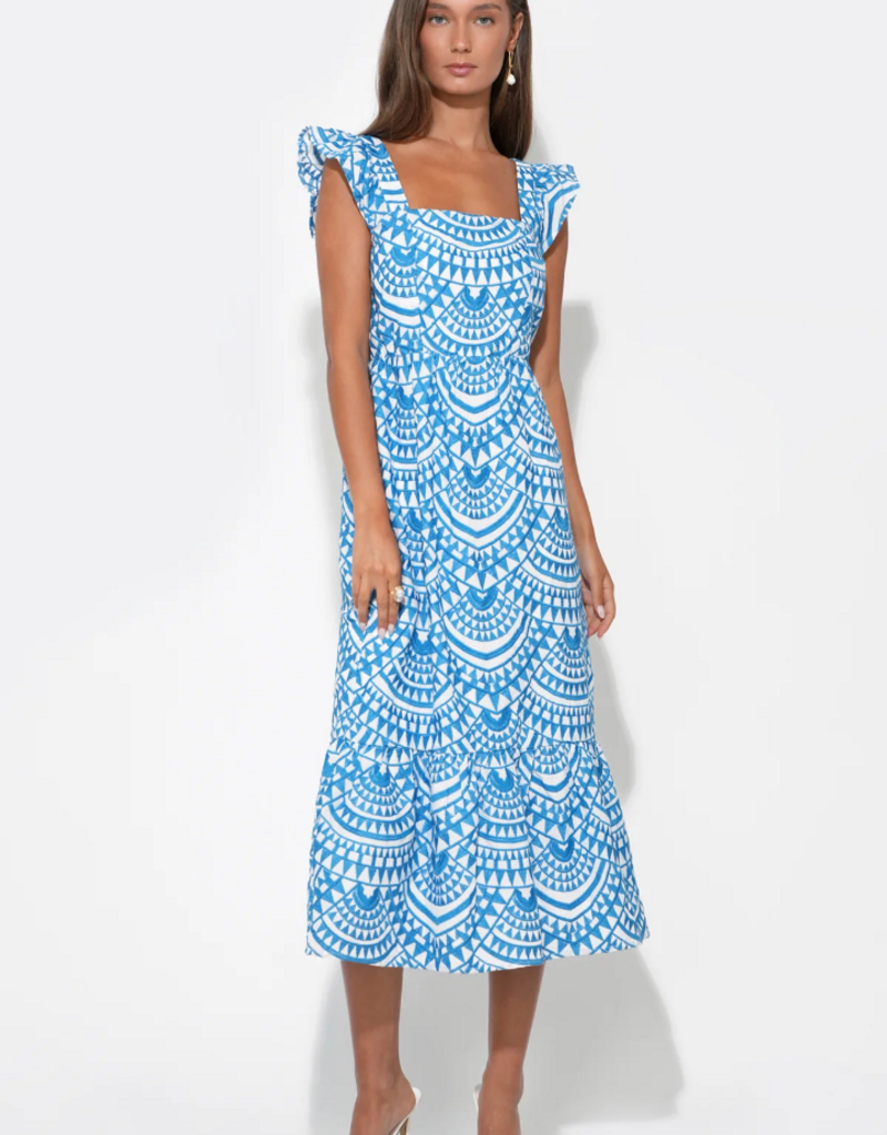 Adelyn Rae Sadie Flutter Sleeve Embroidered Midi Dress in White/Blue Print
