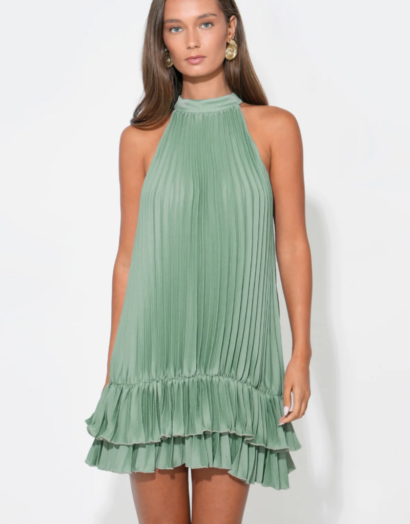 Adelyn Rae Brielle Halter Pleated Mini Dress in Sea Jade