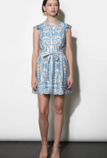 Greylin Bailey Flutter Sleeve Belted Mini Dress in Dusy Blue Print