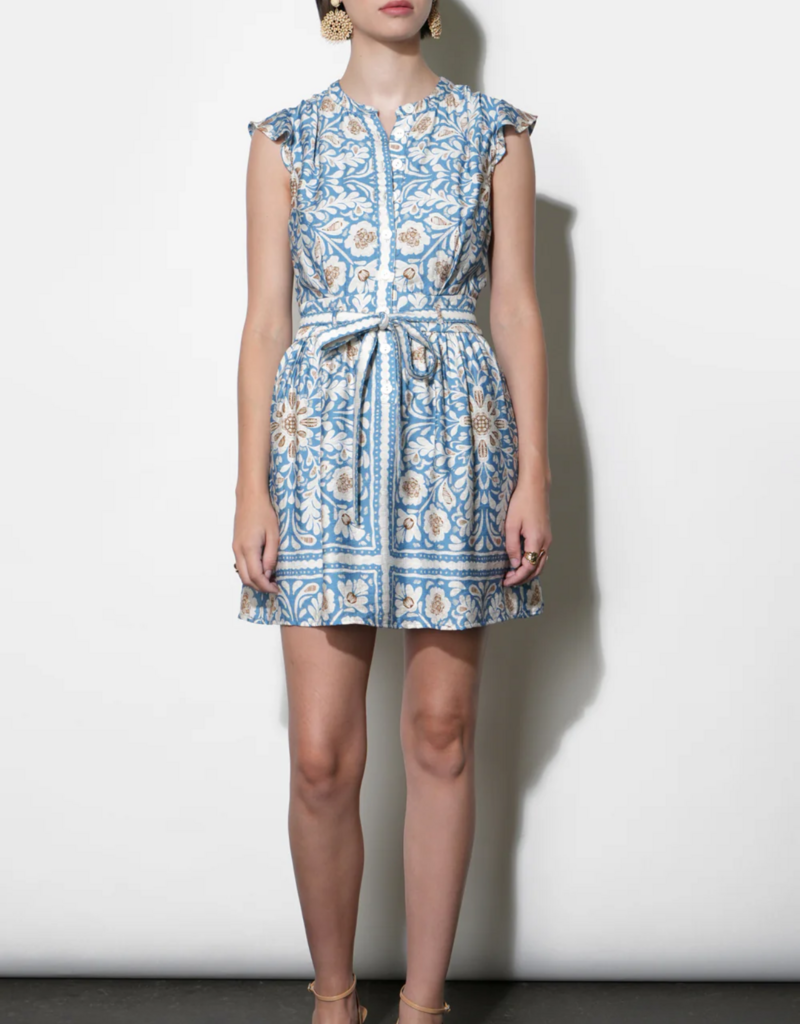Greylin Bailey Flutter Sleeve Belted Mini Dress in Dusy Blue Print
