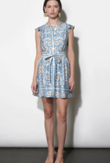 Greylin Bailey Flutter Sleeve Belted Mini Dress in Dusy Blue Print