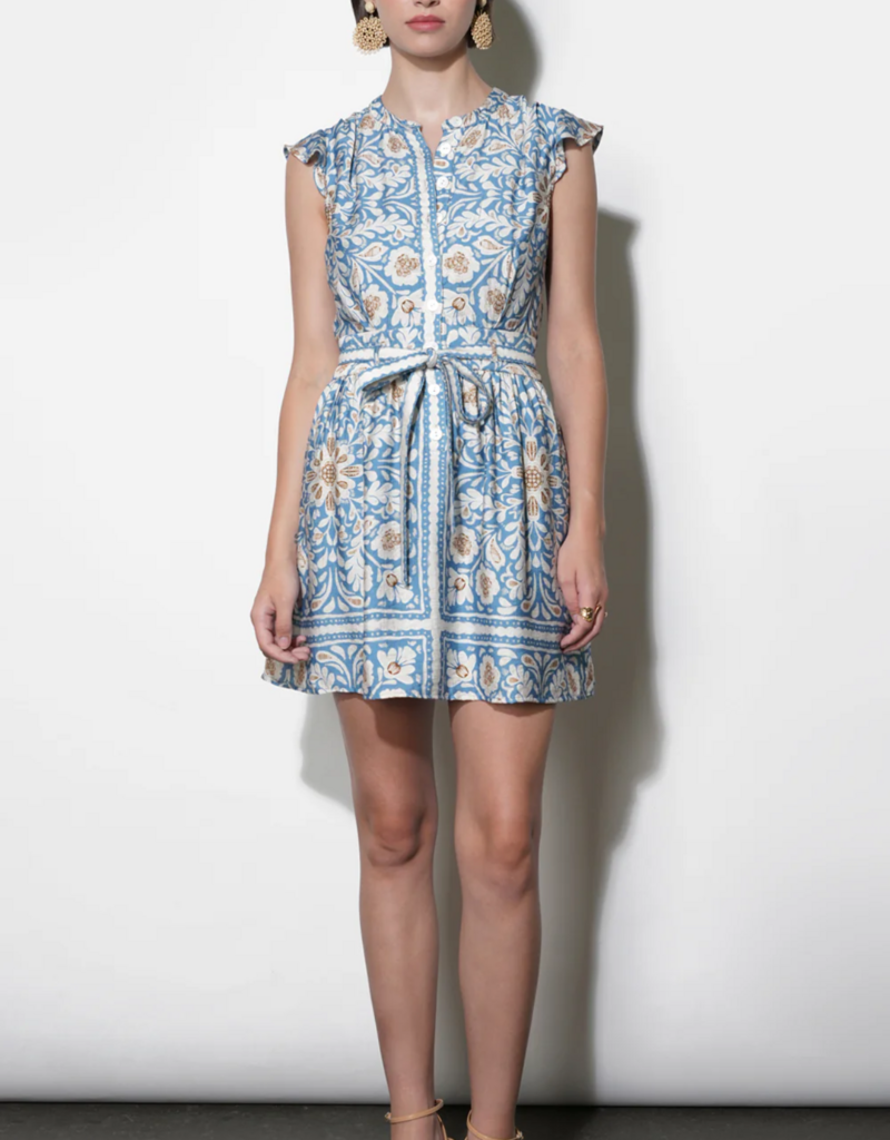 Greylin Bailey Flutter Sleeve Belted Mini Dress in Dusy Blue Print
