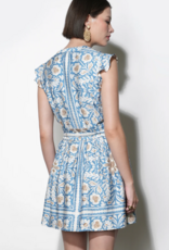 Greylin Bailey Flutter Sleeve Belted Mini Dress in Dusy Blue Print