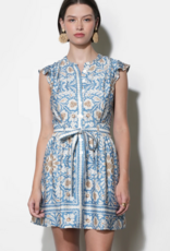 Greylin Bailey Flutter Sleeve Belted Mini Dress in Dusy Blue Print