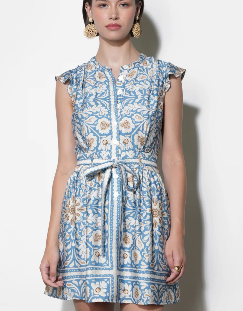 Greylin Bailey Flutter Sleeve Belted Mini Dress in Dusy Blue Print