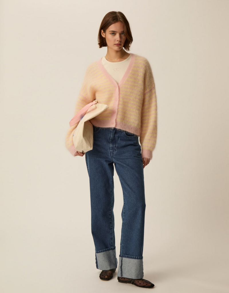 Des Petits Hauts Alvaro Cardigan in Butter & Bubblegum Stripe