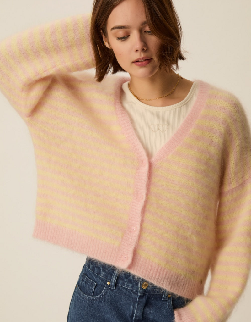 Des Petits Hauts Alvaro Cardigan in Butter & Bubblegum Stripe