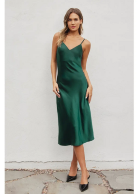 Dress Forum Ramiel Satin Bias Cut Slip Dress in Pine Green