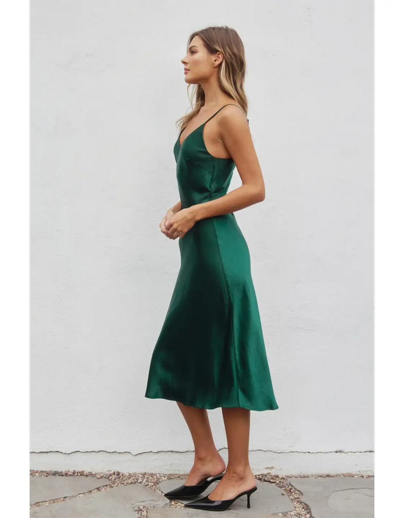 Dress Forum Ramiel Satin Bias Cut Slip Dress in Pine Green