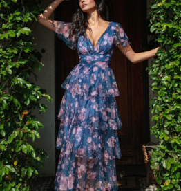 Soieblu Adeline Tiered Mesh Midi in Navy Rose Floral
