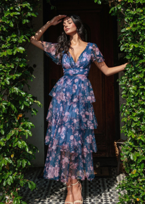 Soieblu Adeline Tiered Mesh Midi in Navy Rose Floral