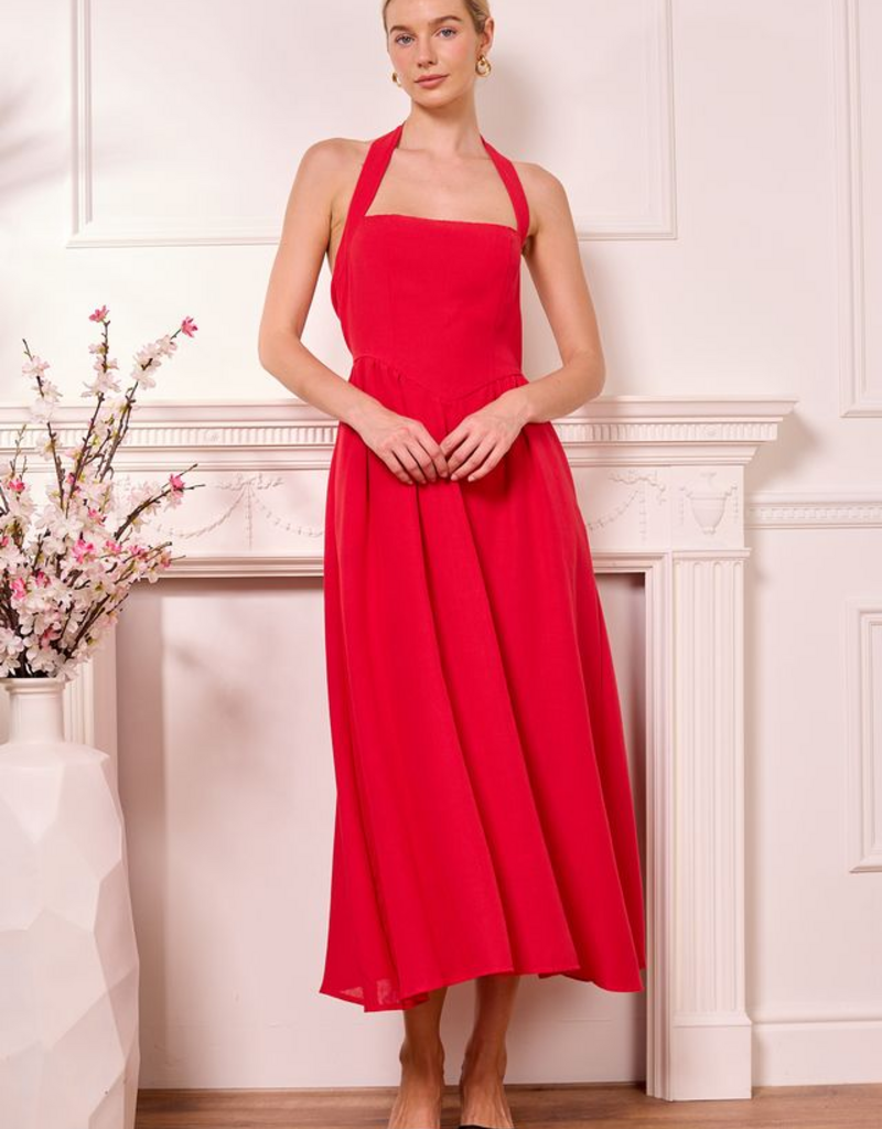 Angel Eye Marseille Halter Midi Dress in Red