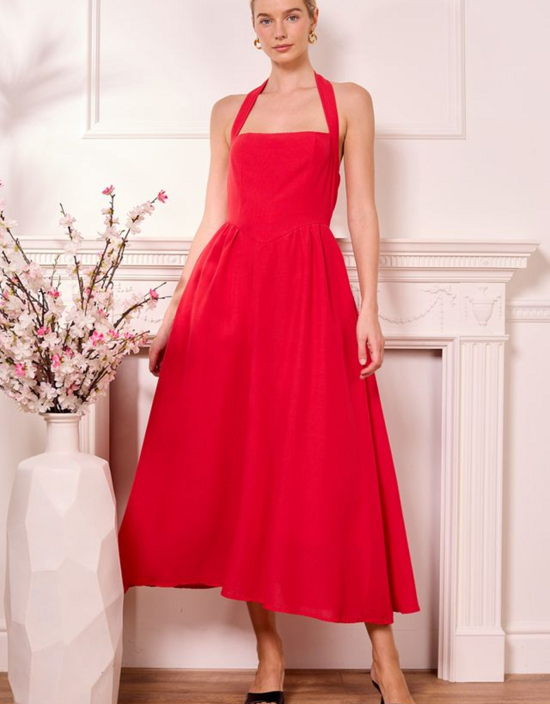 Angel Eye Marseille Halter Midi Dress in Red
