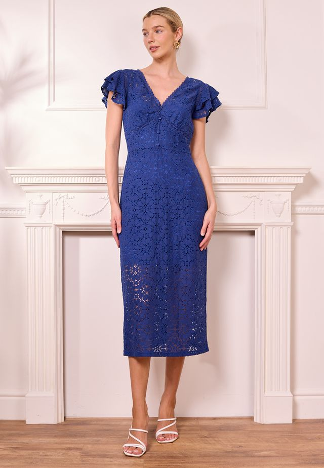 dark blue and white floral dress Molly Maxi Dress - Blue Floral Tiered Dress with Bow main image 0
