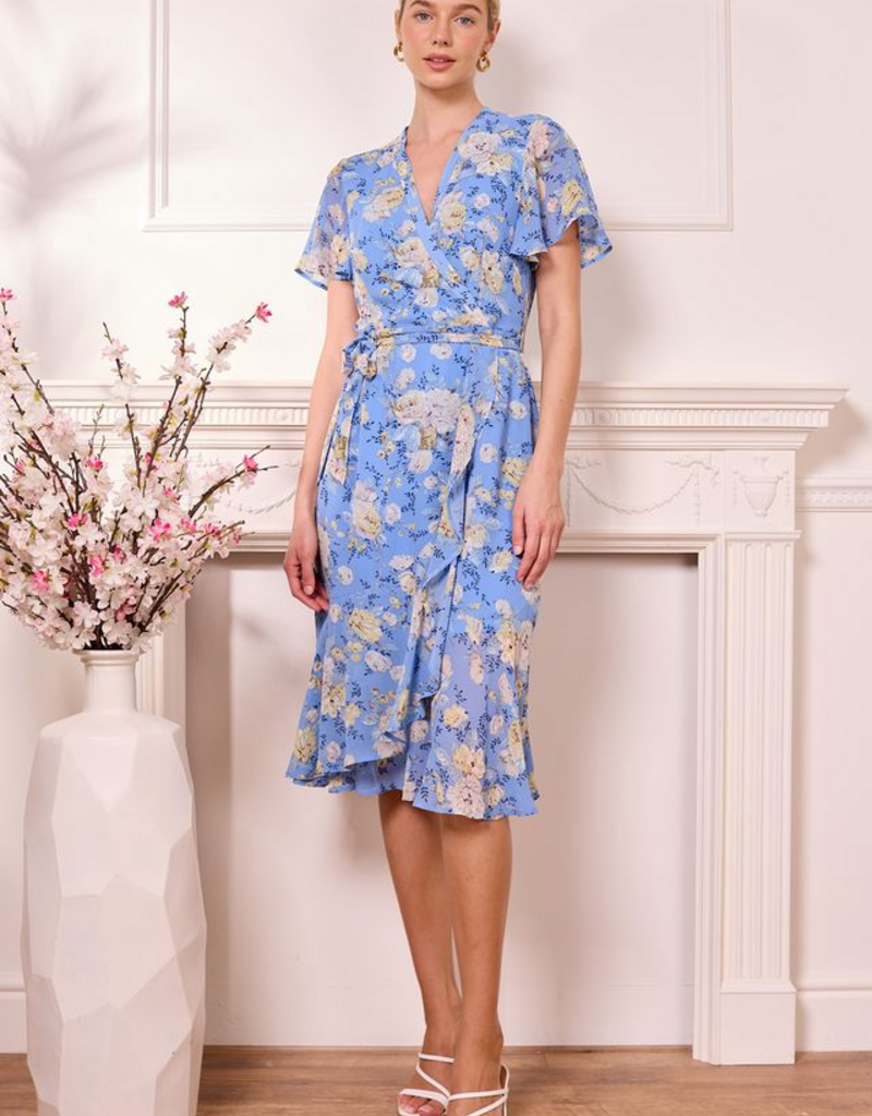 Angel Eye Tunis Wrap-Style Midi Dress in Blue Floral