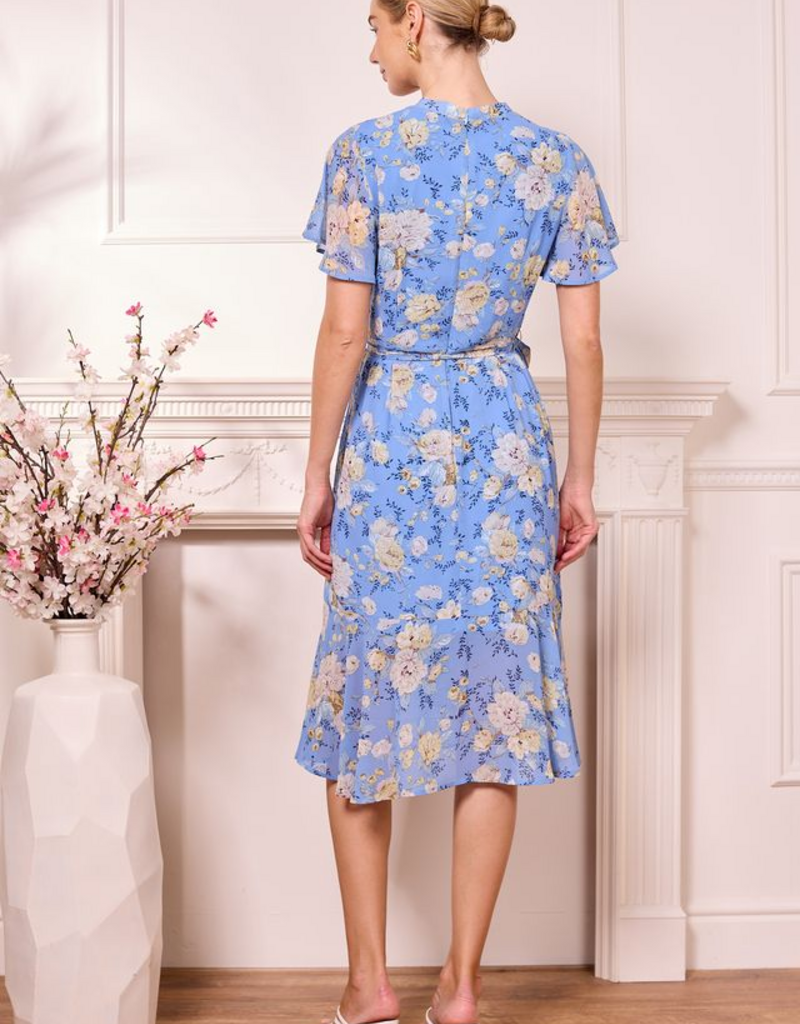 Angel Eye Tunis Wrap-Style Midi Dress in Blue Floral