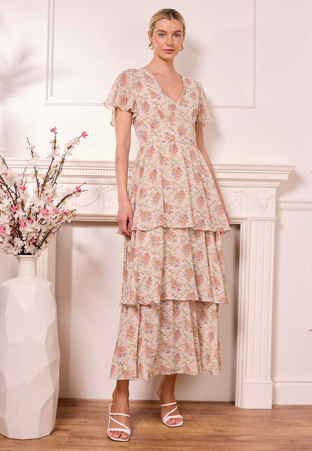 Akaki Tiered Maxi Dress in Cream Floral - Adorn Boutique