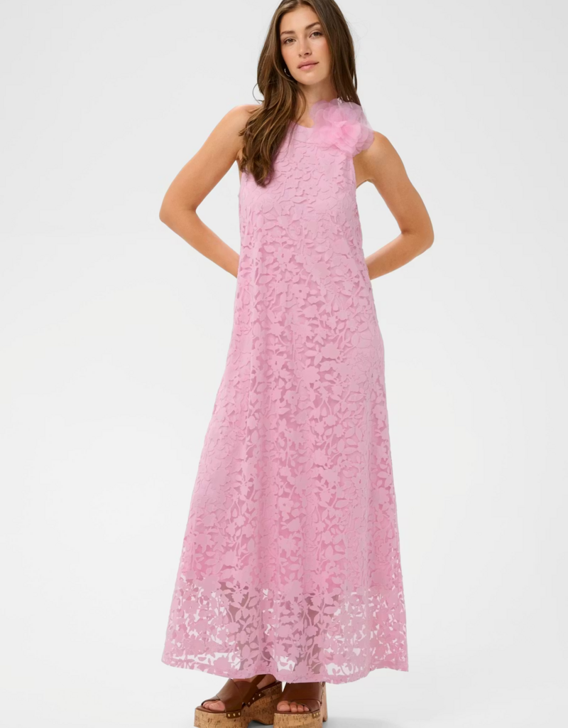 Cream Jessica Lace High-Neck Dress with Removeable Flower in Pink Nectar