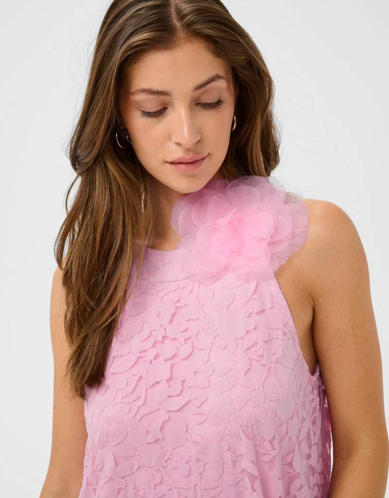 Cream Jessica Lace High-Neck Dress with Removeable Flower in Pink Nectar