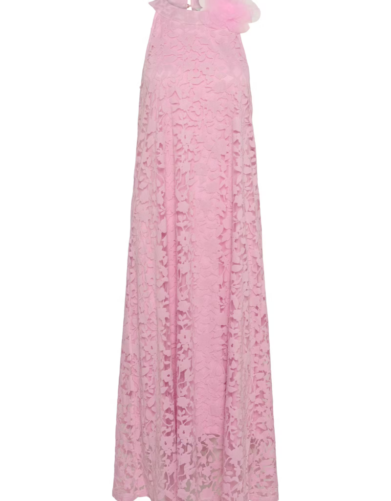 Cream Jessica Lace High-Neck Dress with Removeable Flower in Pink Nectar