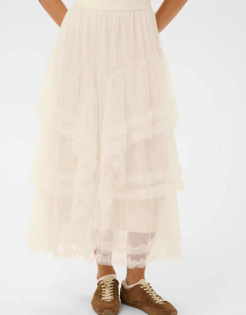 Cream Sissel Tiered Lace Trimmed Midi Skirt in Whisper White