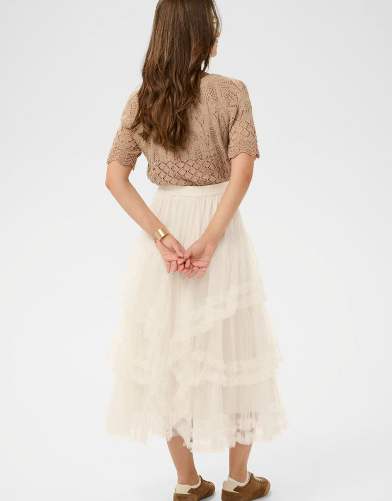 Cream Sissel Tiered Lace Trimmed Midi Skirt in Whisper White