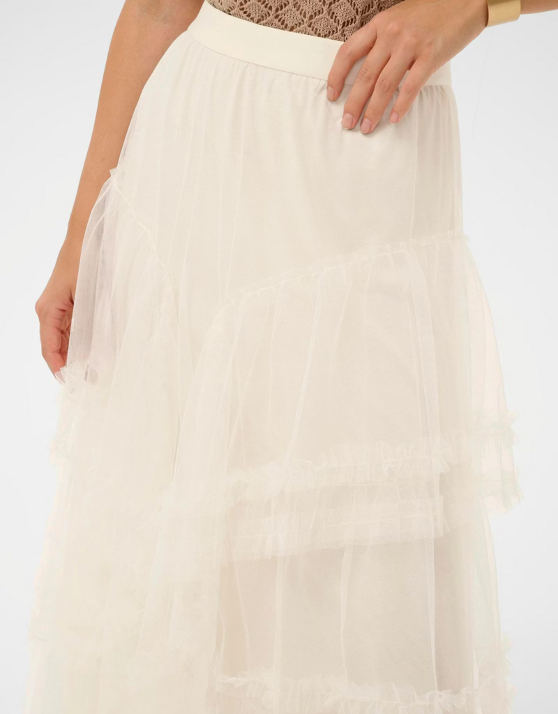 Cream Sissel Tiered Lace Trimmed Midi Skirt in Whisper White