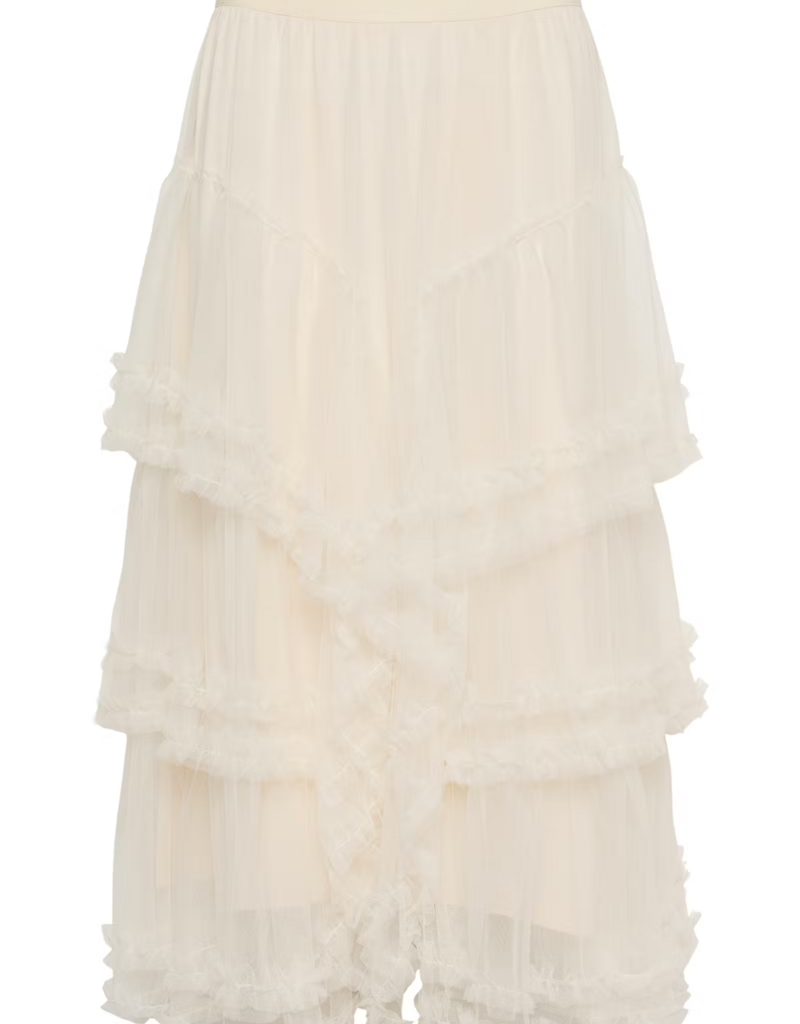 Cream Sissel Tiered Lace Trimmed Midi Skirt in Whisper White