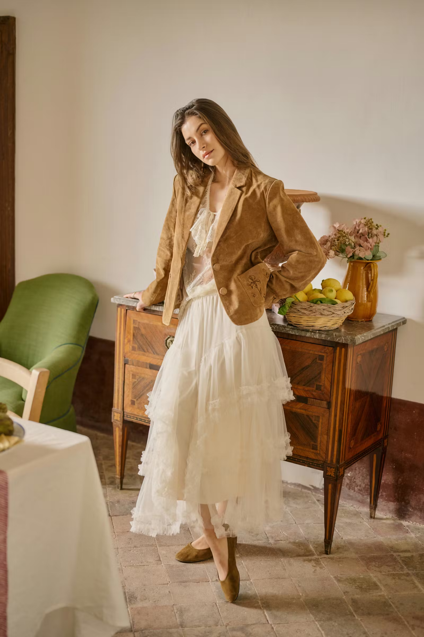 Sissel Tiered Lace Trimmed Midi Skirt in Whisper White - Adorn