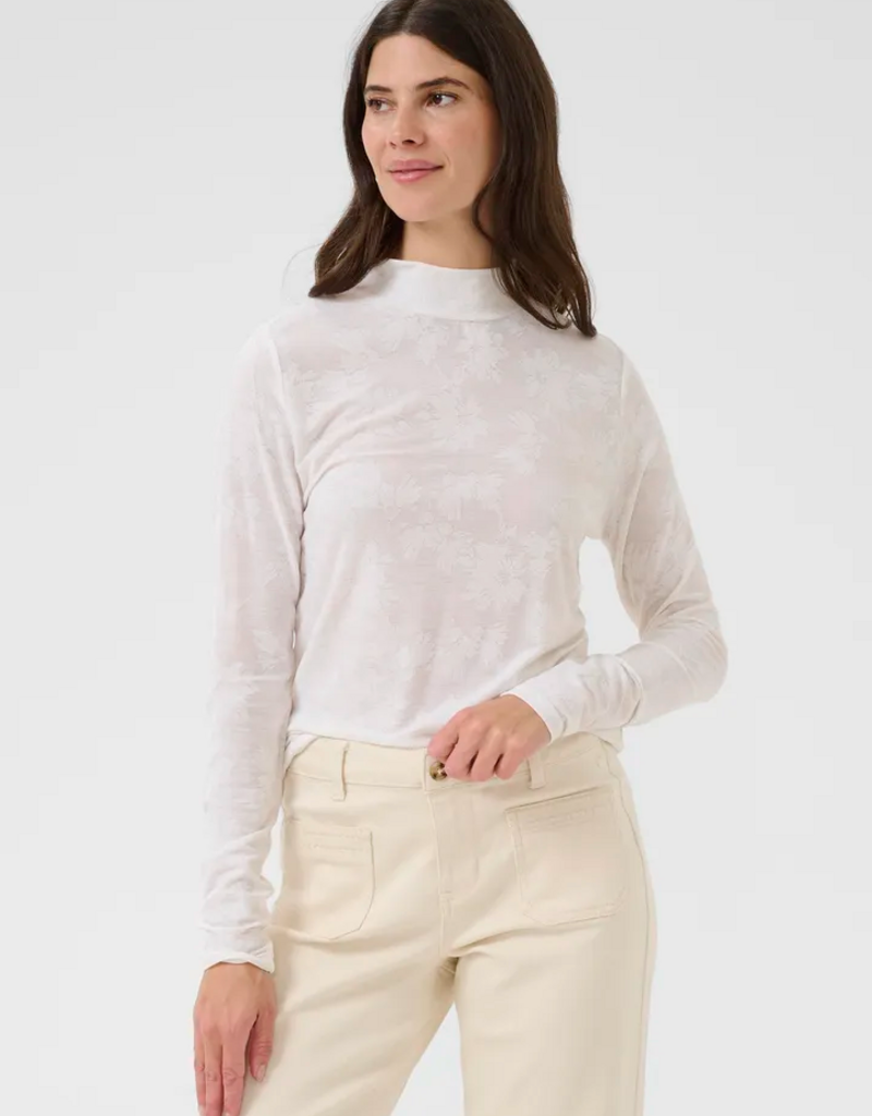 Cream Olive Sheer Turtleneck Top in Snow White
