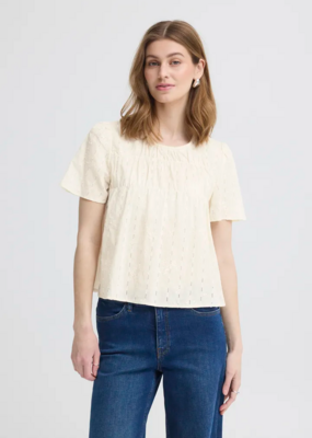 ICHI Lana Cotton Blend Short Sleeve Blouse in Birch
