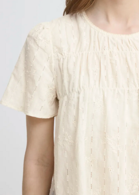 ICHI Lana Cotton Blend Short Sleeve Blouse in Birch