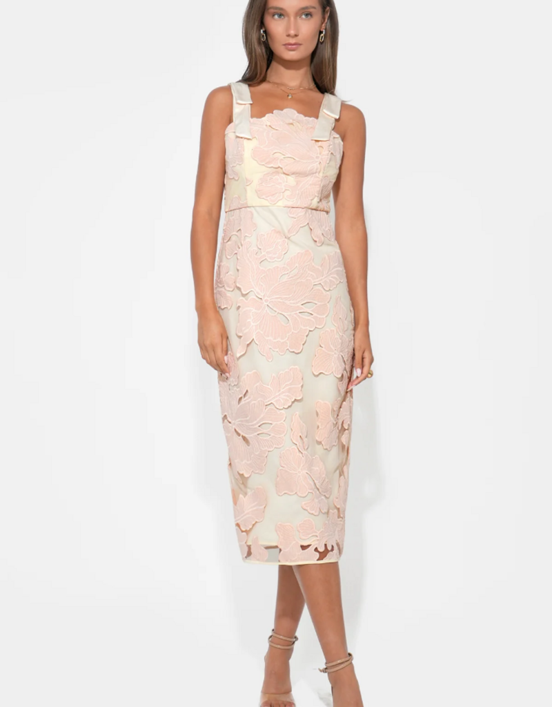 Adelyn Rae Gabriella Bow Strap Midi Dress in Blush/Cream