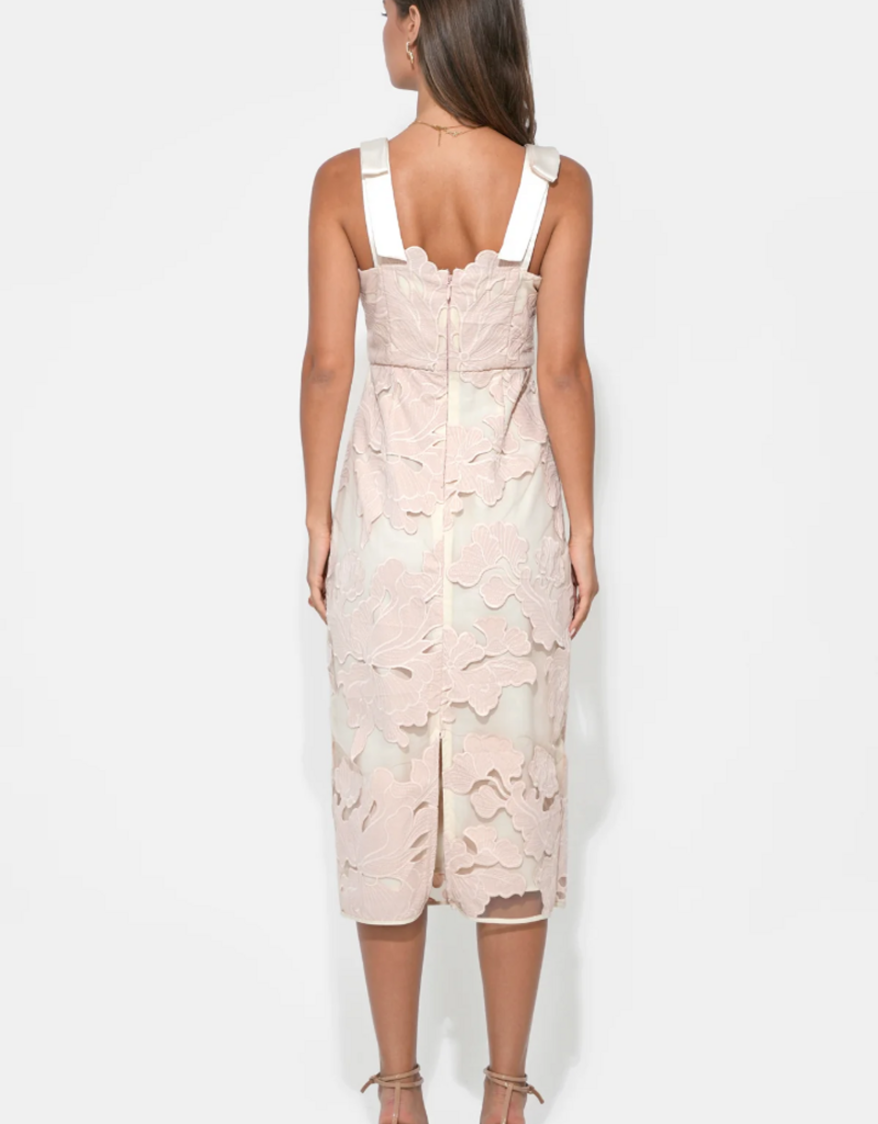 Adelyn Rae Gabriella Bow Strap Midi Dress in Blush/Cream