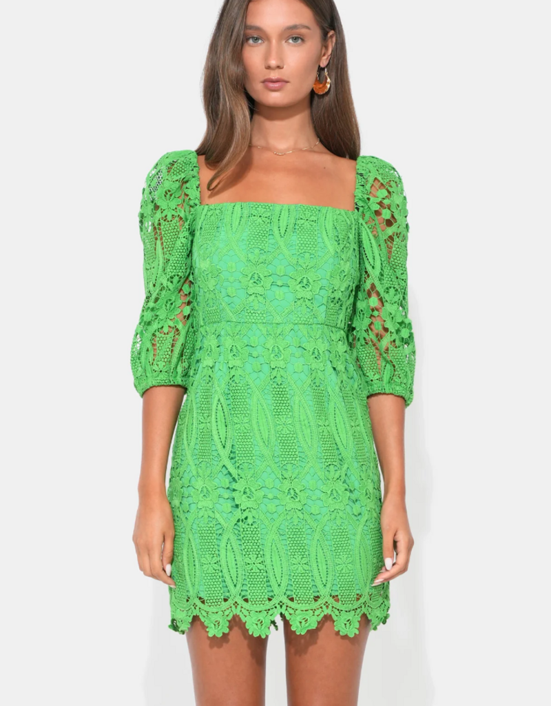Adelyn Rae Emery Puff Sleeve Lace Mini Dress in Matcha Green