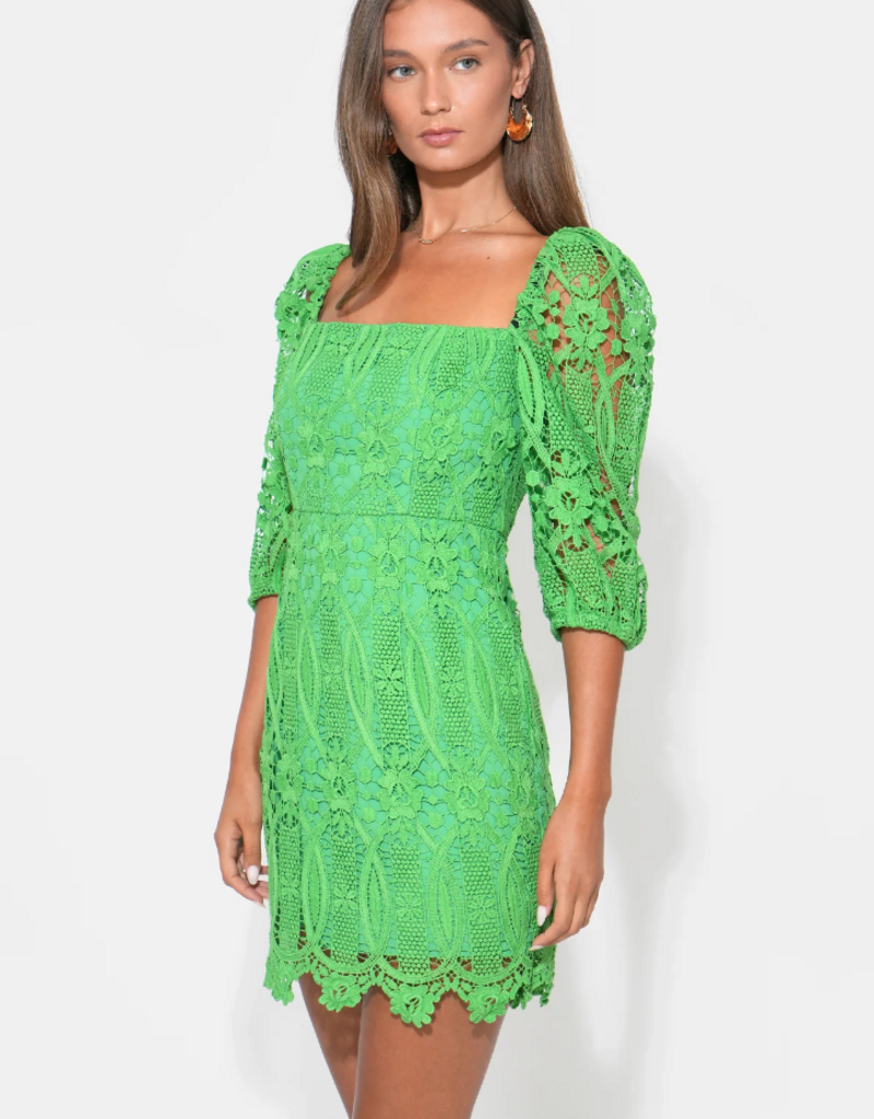 Adelyn Rae Emery Puff Sleeve Lace Mini Dress in Matcha Green