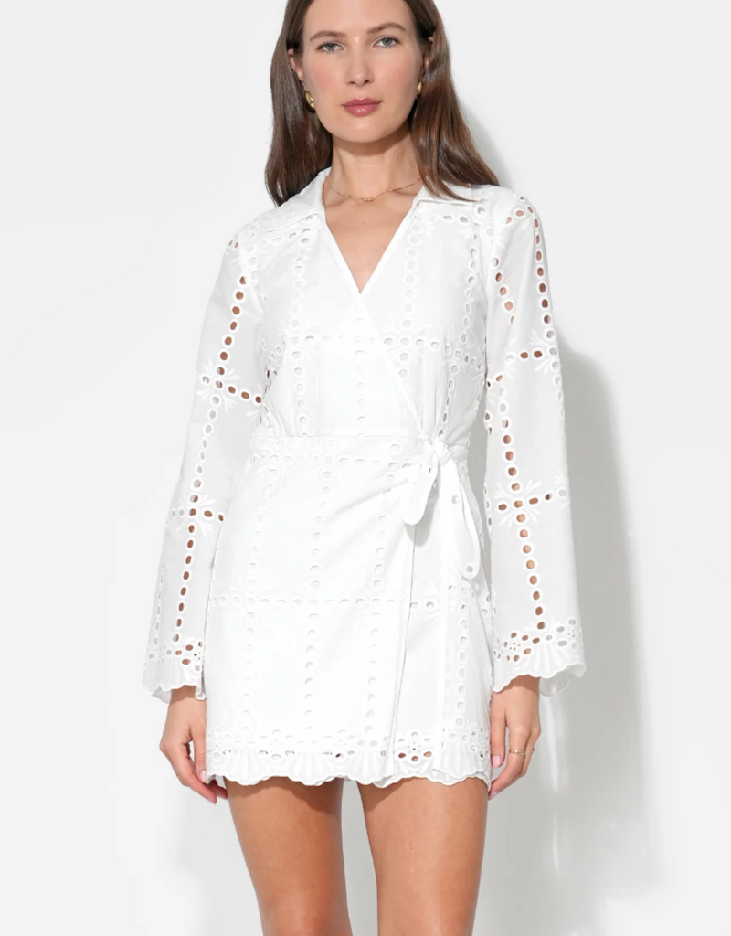 Adelyn Rae Bella Wrap Eyelet Mini Dress in White