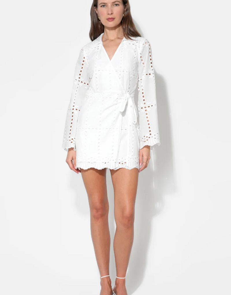 Adelyn Rae Bella Wrap Eyelet Mini Dress in White