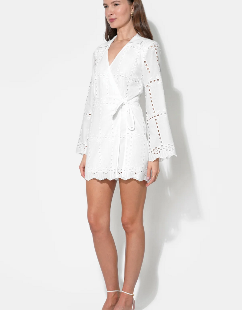 Adelyn Rae Bella Wrap Eyelet Mini Dress in White